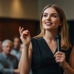 Leonardo_Lightning_XL_a_beautiful_business_lady_speaking_to_a_1